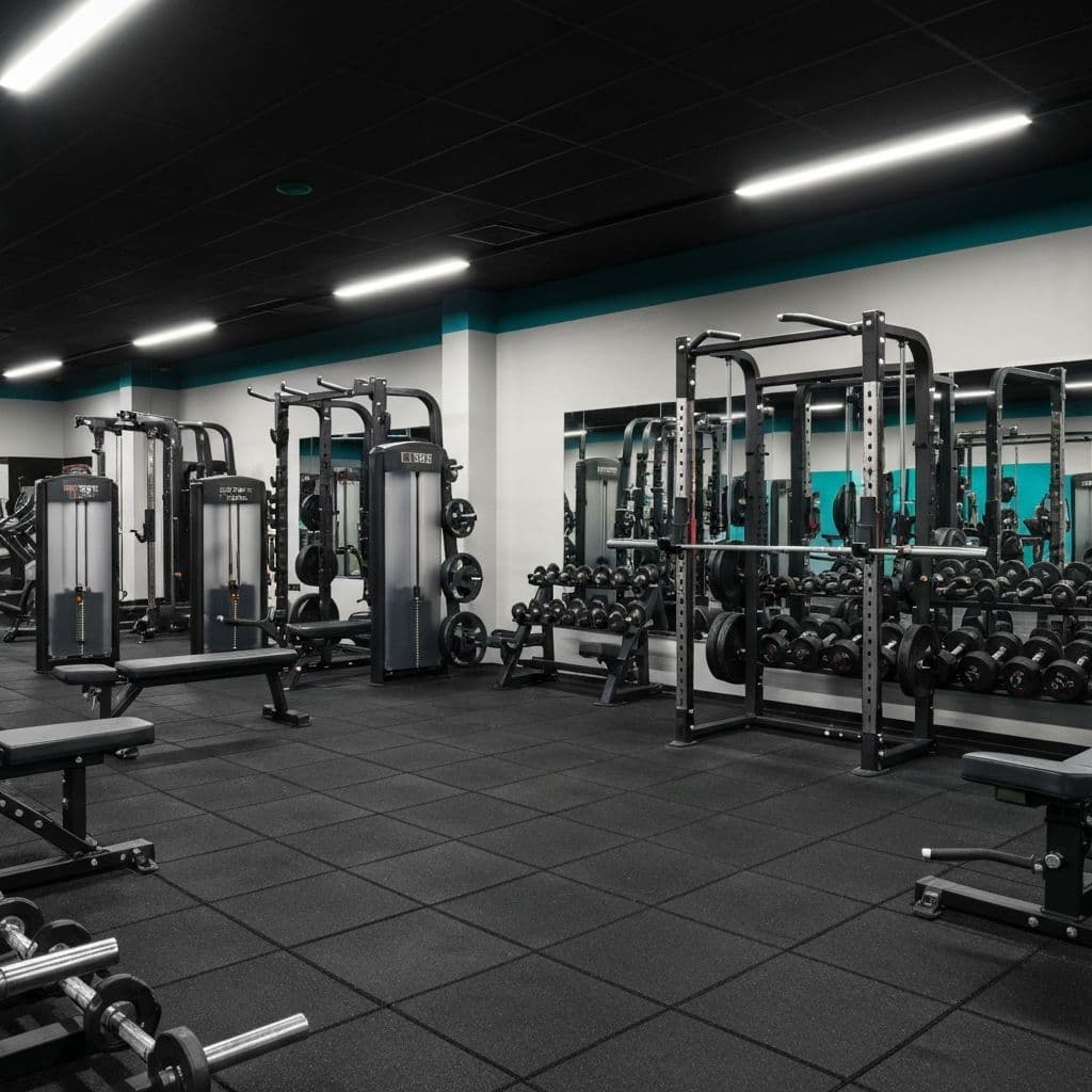 Modern, empty gym interior with rows of weight machines, free weights, and benches on a dark floor.
